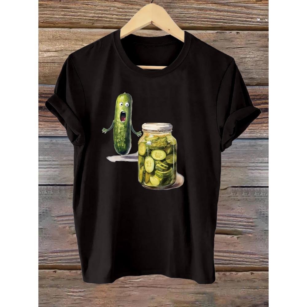 Soft Women's Graphic Print T-Shirt Playful Pickle Cucumber Design Summer Tee Comfortable Fabric Ladies Casual Y2k Crew Neck Tops