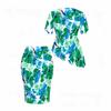 Women Plus Size Round Neck Short Sleeve Tropical Print Asymmetric Top Fitted Skirt Two Piece Set