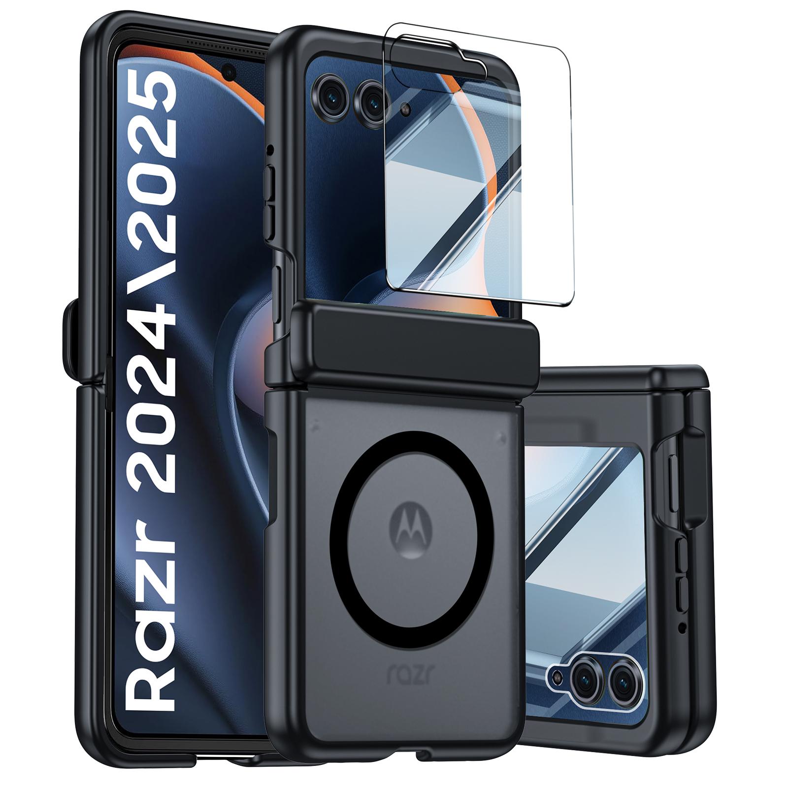 

Для Motorola Razr 50/60 с магнитной зарядкой, Тонкий дизайн, Защитное стекло, Защита шарнира, Полупрозрачный матовый противоударный защитный чехол для телефона - Розовый чёрный