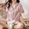 Summer Thin Ice Silk Embroidered Pajamas Set Small Lapel Loose Short-Sleeved Shorts Women'S Loungewear Two-Piece Set