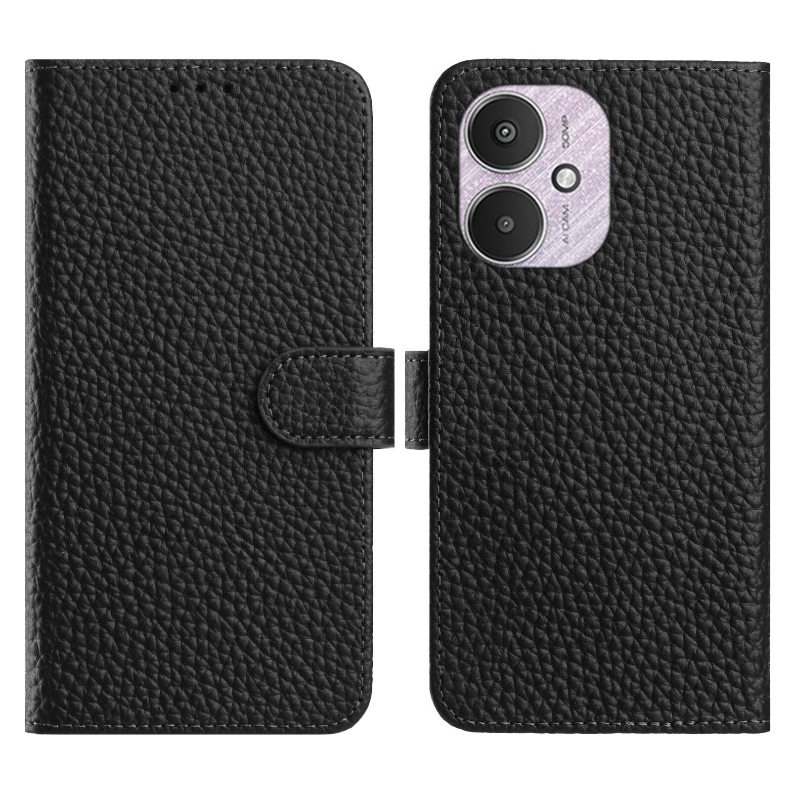 

Flip Phone Case For Xiaomi Redmi 13C 5G/4G/Poco M6 5G Wallet Stand Litchi Texture Genuine Cow Leather Cover Black