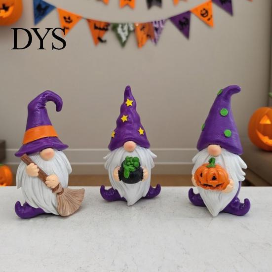 Cute Cartoon Wizard Gnomes Halloween Gnome Resin Figurine, Broom Cauldron Pumpkin Dwarf Home Accents Statue for Desk Shelf, Spooky Holiday Party