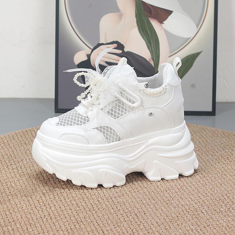 Fashion 11CM  Air Mesh Microfiber Leather High Brand Comfy Chunky Sneaker Lace Up Shoes Sandals Women Platform Wedge Fashion Summer