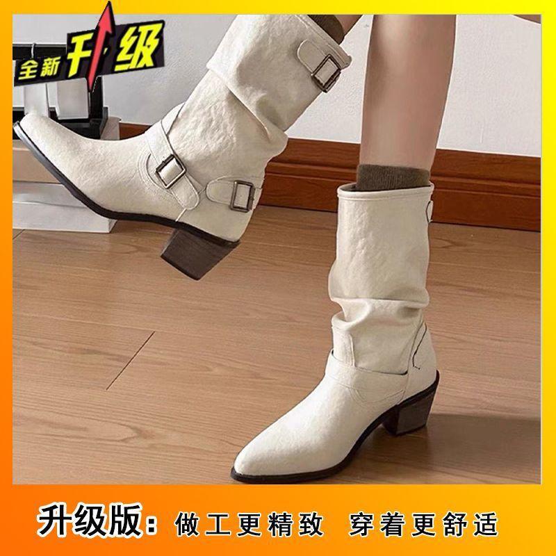 Pointed Thick Heel Martin Boots Women's 2025 Autumn and Winter New Fashion Versatile Comfortable Casual Women's Mid Tube Pile Boots