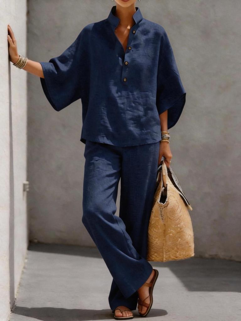 Women's Summer New Arrivals Cotton Linen Shirt Top Pants Set