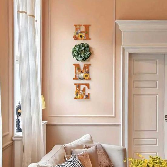 Doorway Wall Hanging Home Sign with Artificial Eucalyptus Wreath Rustic Wooden Letters Interior Decor Decorative Art for Living Room Kitchen Entryway