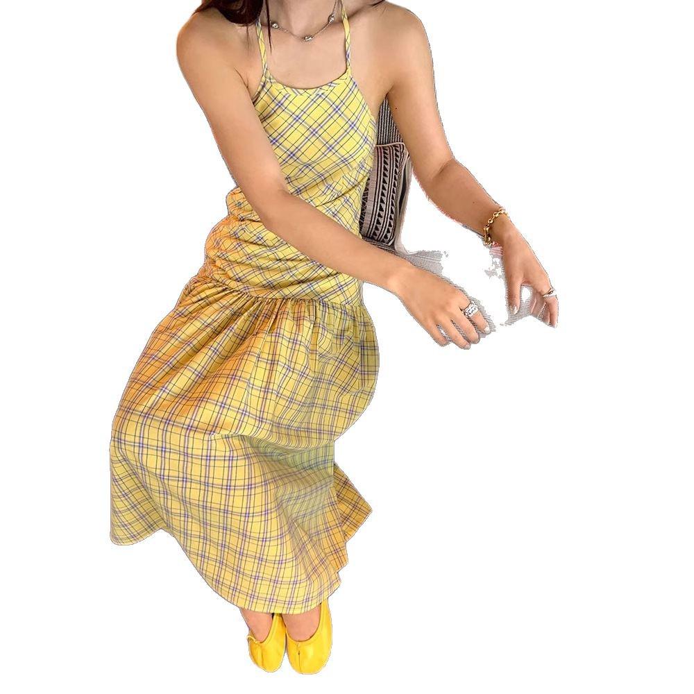 Damen Gelbes Karomuster Neckholder A-Linien Sommerkleid - Süß & Würzig, Dezenter Rückenausschnitt, Lange Länge
