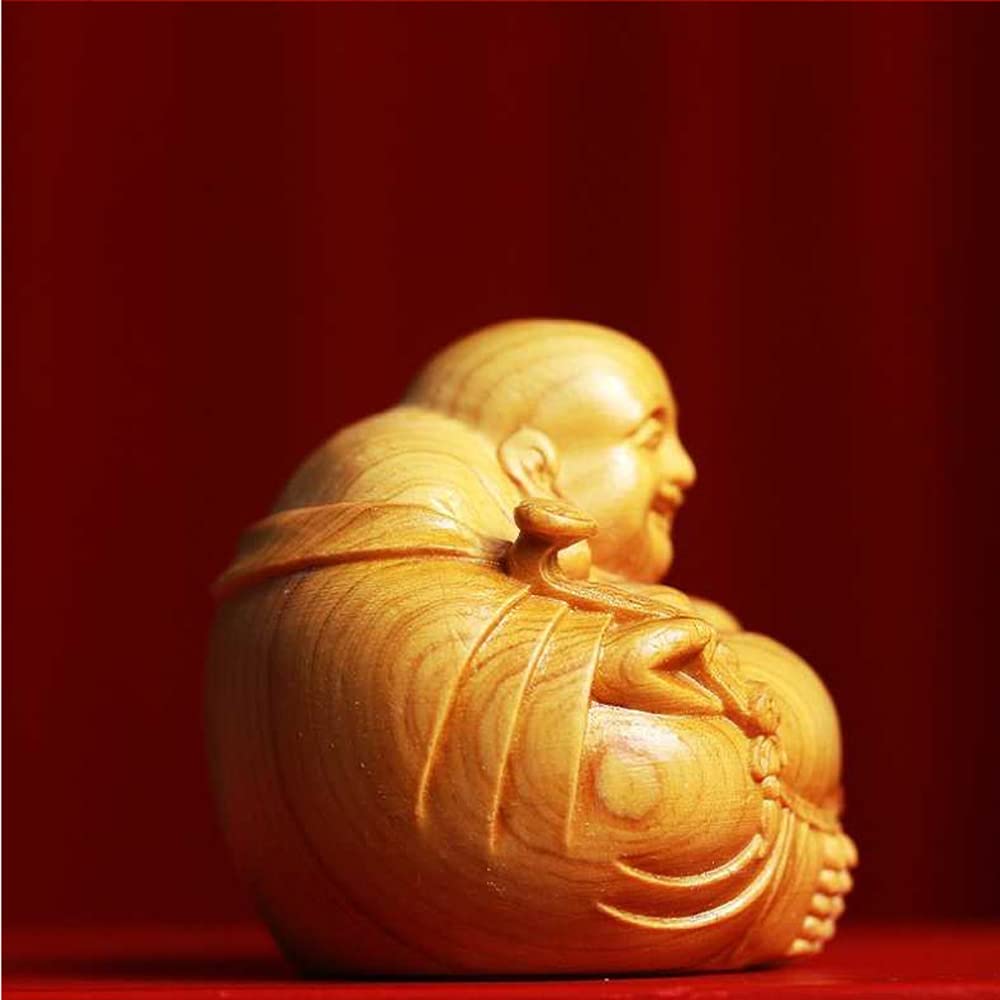 WOWTAC Hotei Seven Lucky Gods Boxwood Mini Hand-Carved Figurine, Buddha Statue Wooden Ornament, Good Fortune Money Luck Charm Amulet