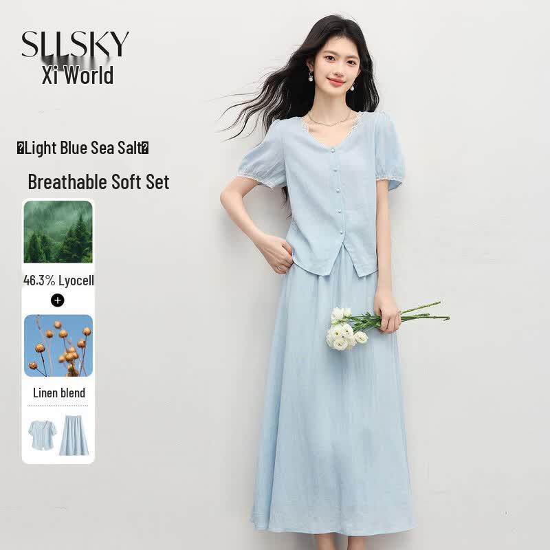 SLLSKY French Style Tencel Linen Two-Piece Set S