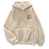 Fleece Pullover Top Warm Loose Women Long Sleeves Thick Drawstring Cuff Elastic Letter Patch Pocket Embroidery Fall