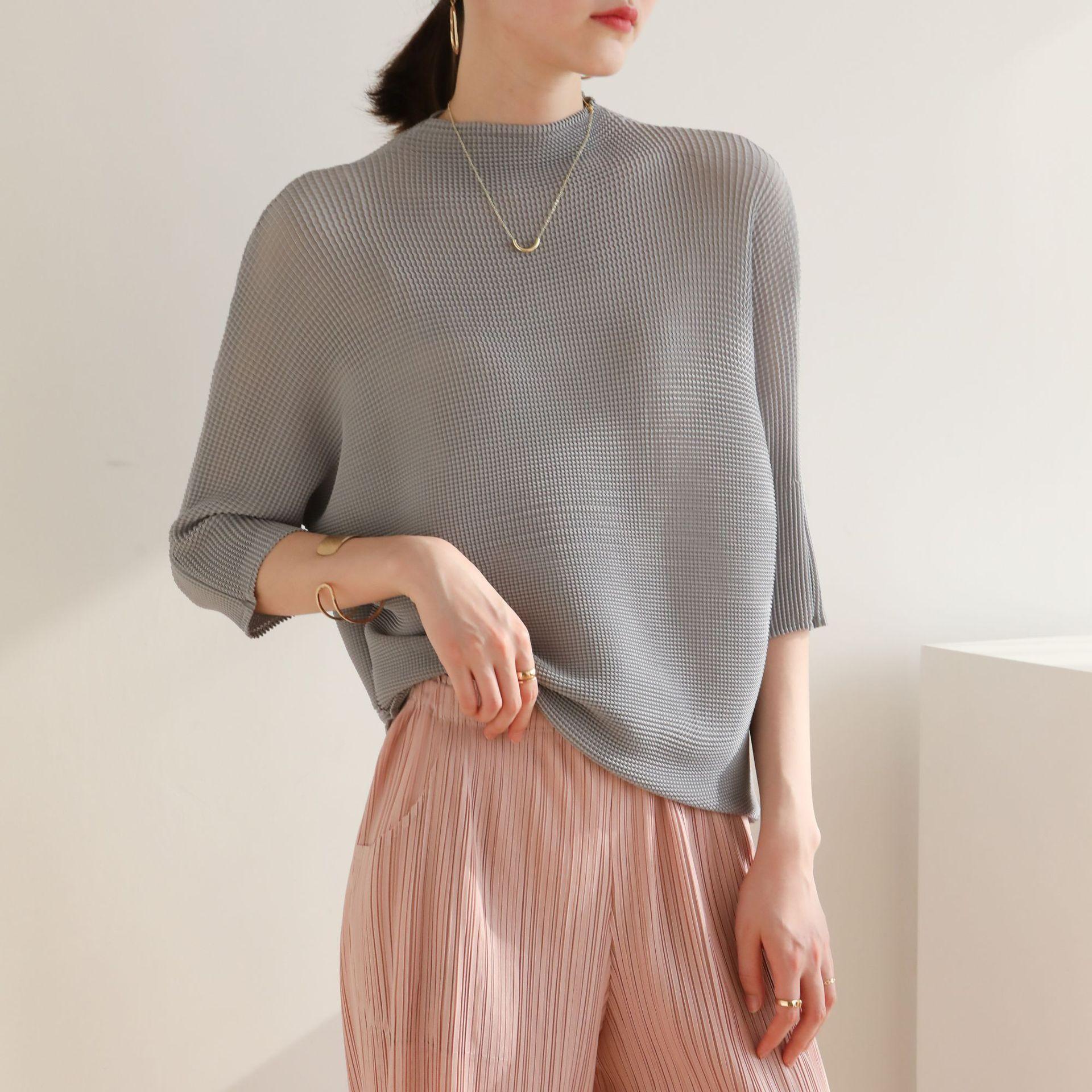 

Модное плиссированное платье, женское геометрическое платье с половиной рукавом большего размера, круглый воротник, дикий хит цвета, повседневная весенне-летняя одежда One Size серый