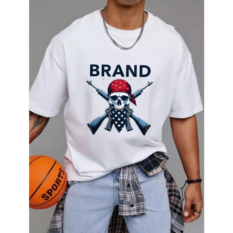 Crew Neck T Shirt White Skull with American Flag Bandana and Crossed Guns Brand Logo Print Casual Wear for Men