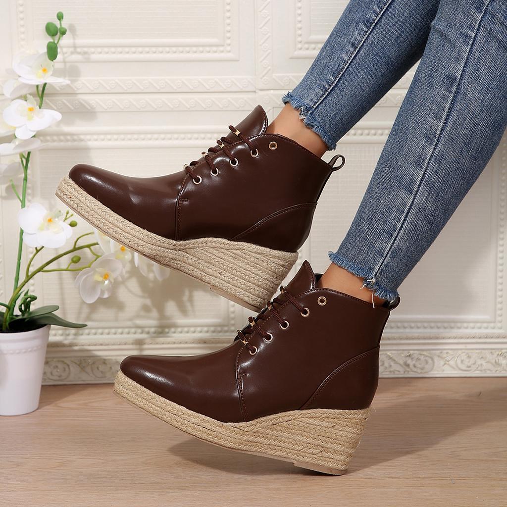 Wedge Heel Thick-soled Pointed Short Boots Solid Color Front Lace-up Straw Hemp Rope Bottom