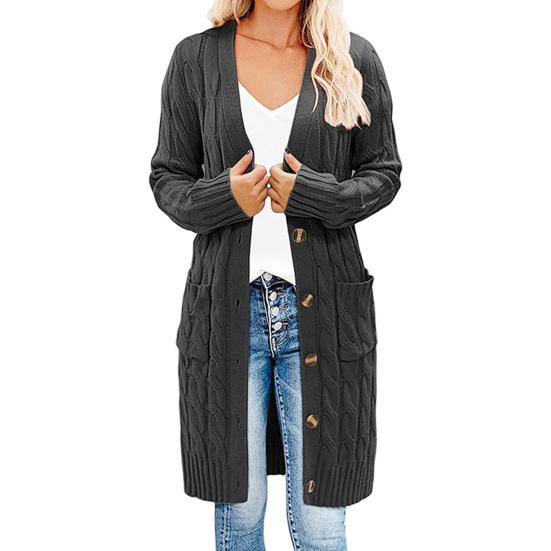 Solid Color Long Sleeve Women Cardigan Button Down Pockets Open Front Twist Sweater Coat Outerwear