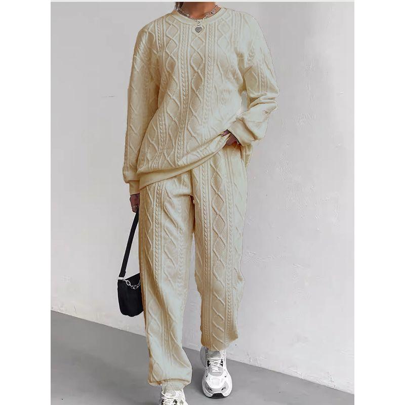 

European and American Autumn and Winter New Fashion round-Neck Khaki Knitting Jacquard Pullover Long Sleeve Sweater Pants Casual Two-Piece Suit Khaki L