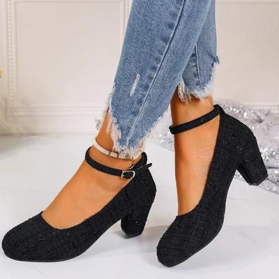 Boty Mary Jane Dámské Vysoké Podpatky Elegantní Šaty Sandály s Silnou Podrážkou 2024 Trendy Pletené Mělké Ústí Párty Vysoké Podpatky Kulatá Špička