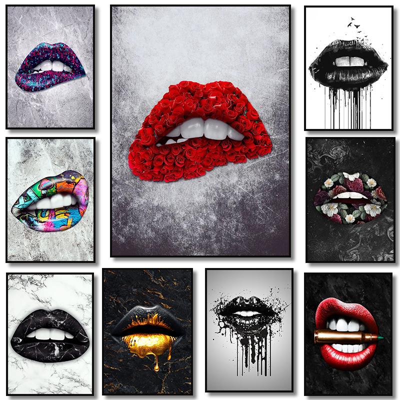 Luxury Modern Golden Lips Money Flower Poster Print Abstract Canvas Painting Wall Minimalist Art for Living Room Home Decoration