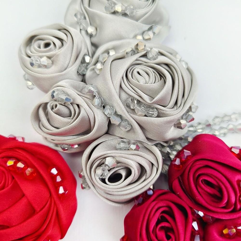 Tassel Details Fabric Flower Appliques Satin Material Hand-Sewn Embellishments  For Brooch