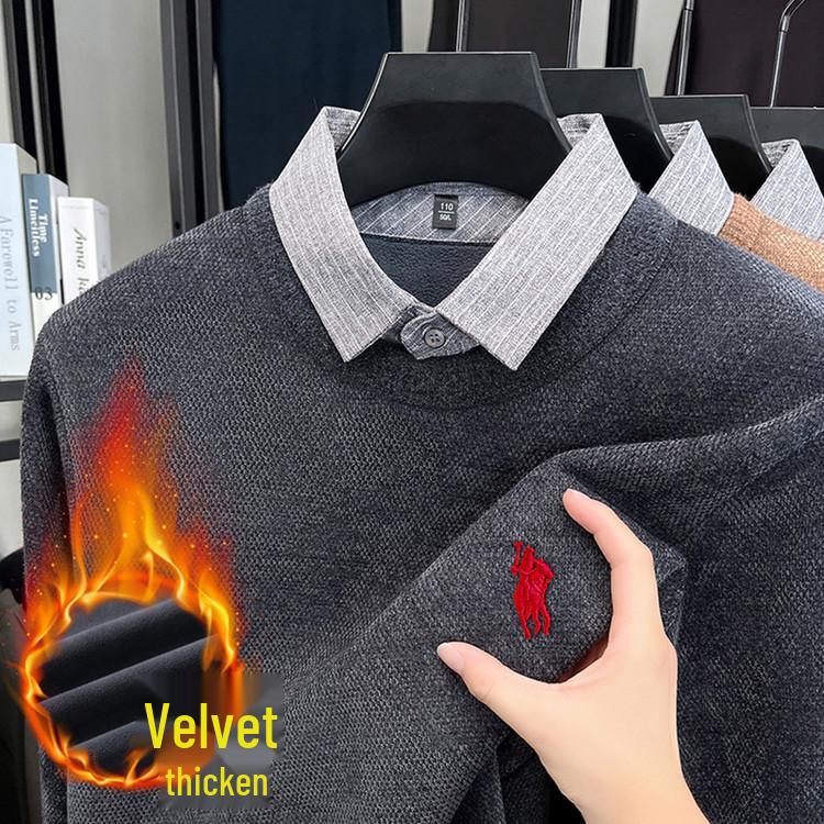 Men s Fleece-Lined Thick Sweater: Warm Two-Piece Look, Long Sleeve Knit Top for Winter XXXL серый