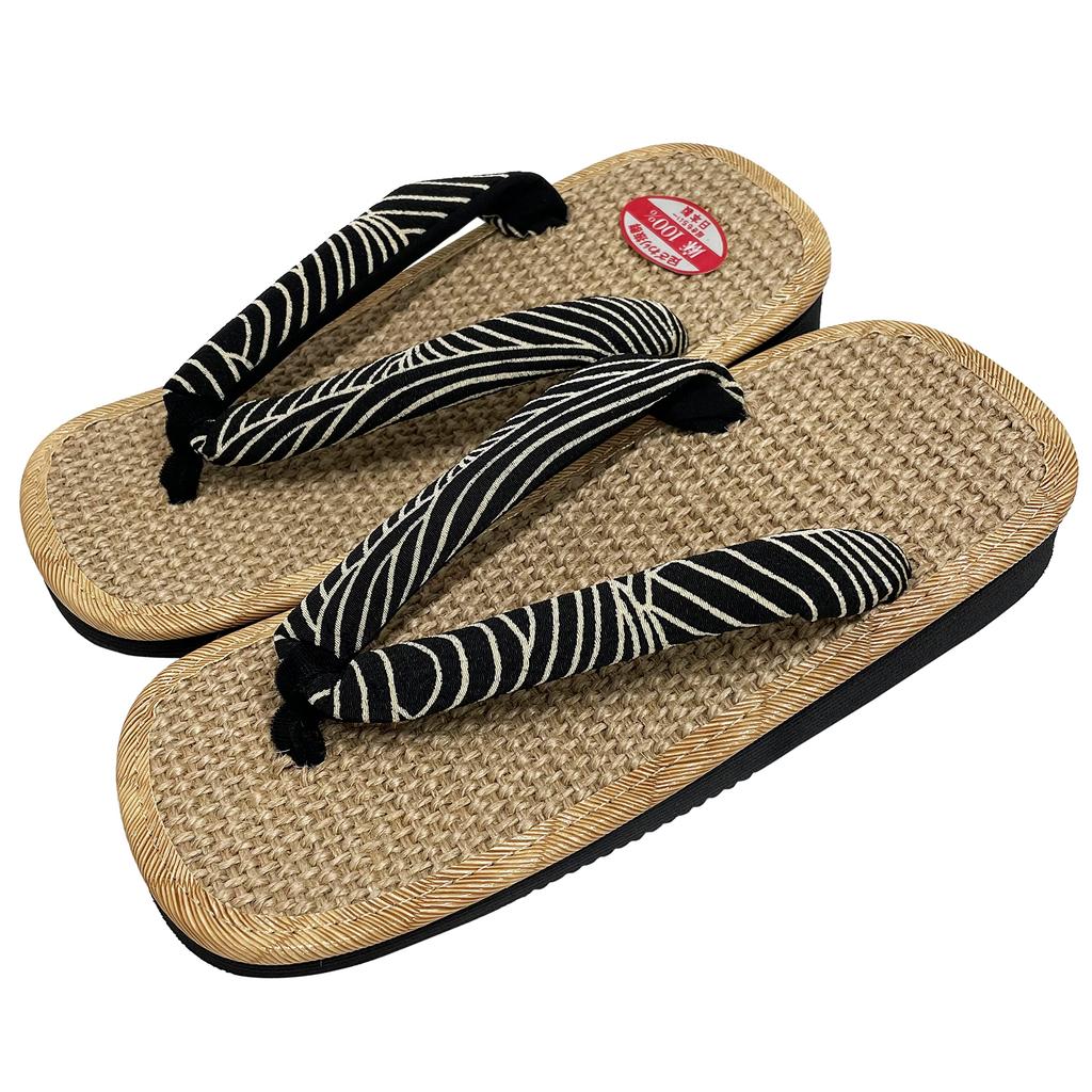 Edoten Geta Made in Genuine Hemp Zori Black Sponge Japanese Patterned Wave Size L Sandals, Japan, Outerwear, Japanese-Style Sandals, Sole,