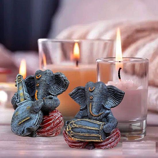 Resin Musical Ganesha Pair for Home Decor | Brings Prosperity - (Grey & Red, Pack of 2)
