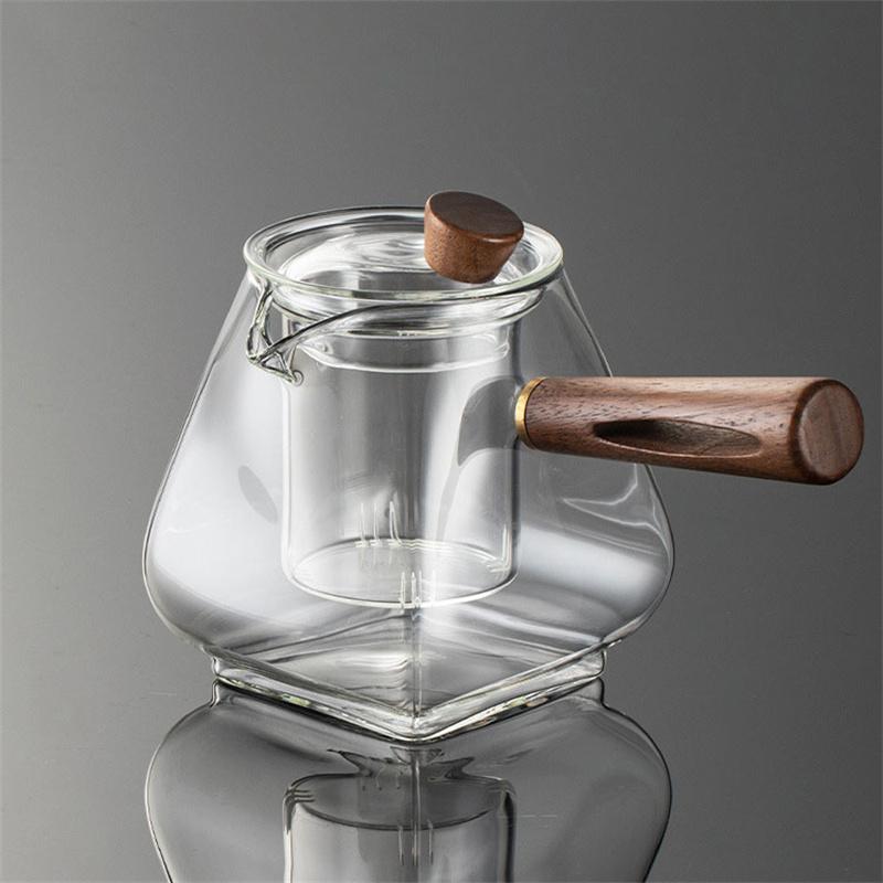 

Japanese 650ml Side Wooden Handle Heat-resistant Glass Teapot With Infuser Liner Brewing Puer Oloong Tea Pot Kungfu Tea Set прозрачный
