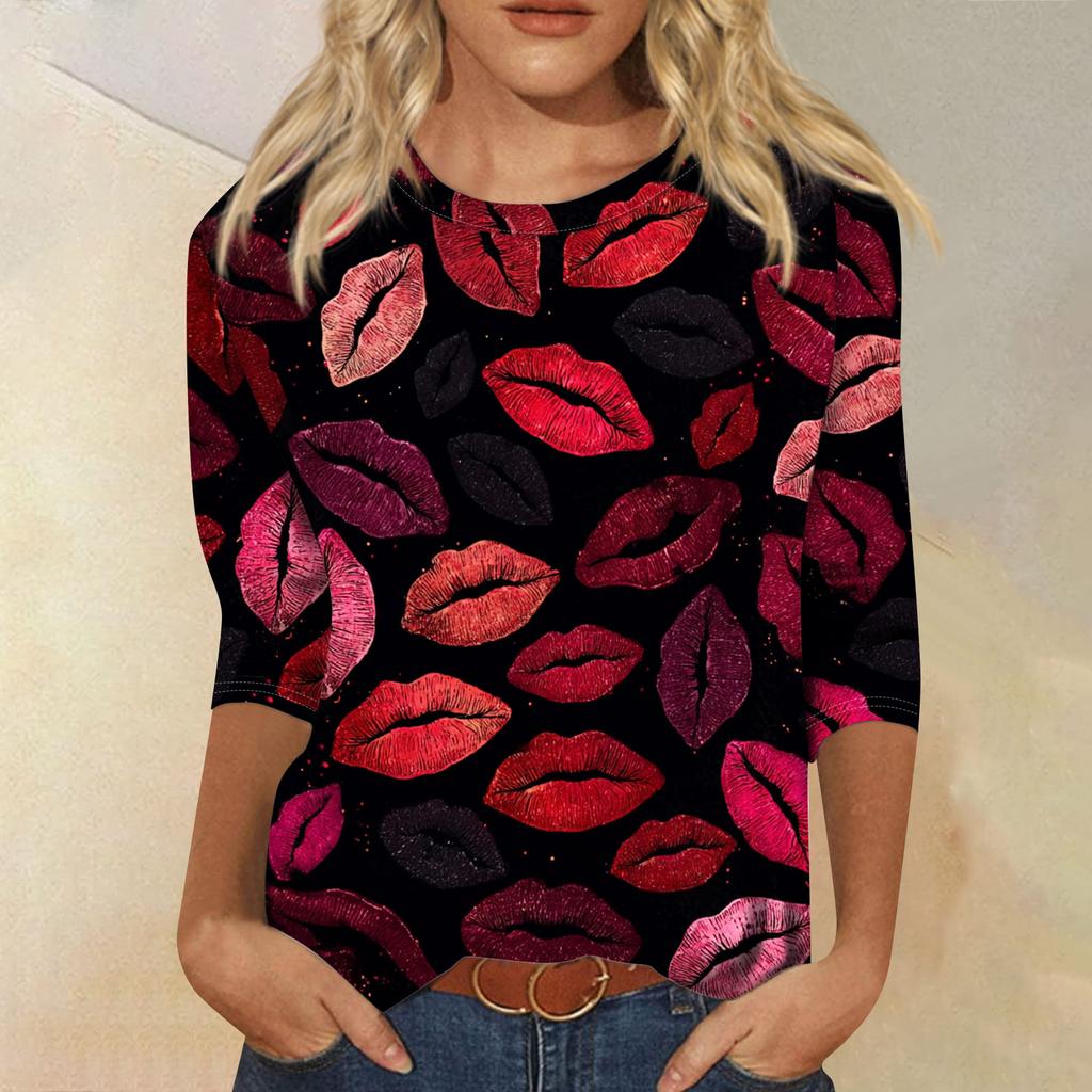 Women's Fashionable Casual Three-quarter Sleeve Valentine's Day Print Round Neck Pullover Top