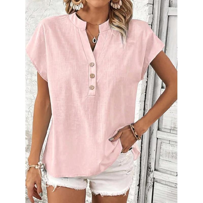 T-shirt da donna estiva 2026 nuova, elegante, casual, con bottoni finti, tinta unita, scollo a V
