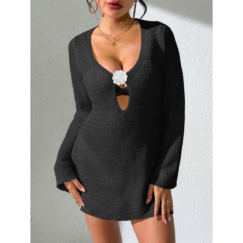 Women Sexy Deep V Hollow Out Long Flare Sleeve Crochet Flower Bodycon Mini Beach Cover Up Dress