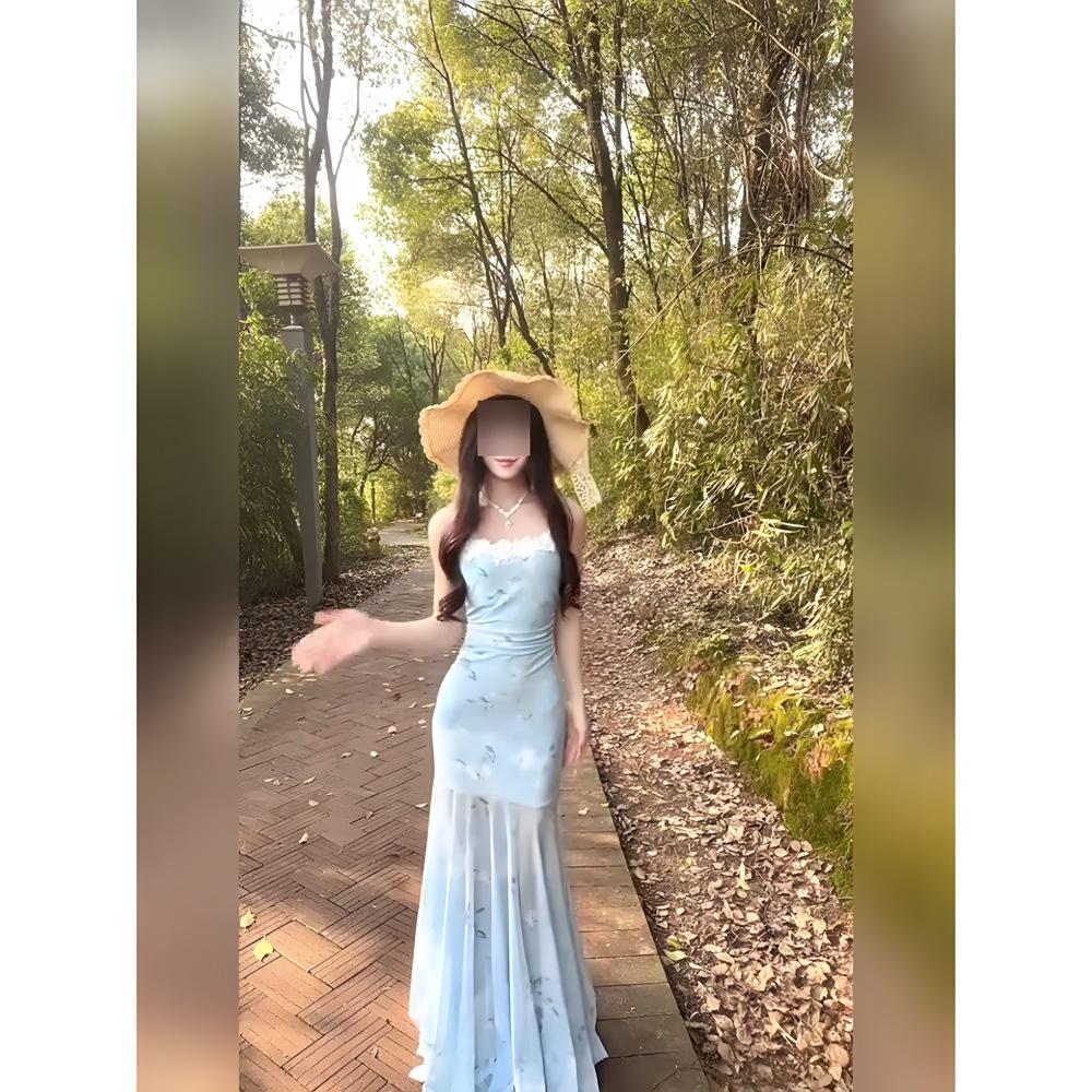 Rochie cu bretele cu dantelă în stil străin, vară pentru femei, casual, nouă, cu imprimeu la talie, plasă, rochie sirenă