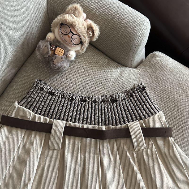 European & American Style Retro Knit Waistband Corduroy Pleated Short Skirt for Fall/Winter