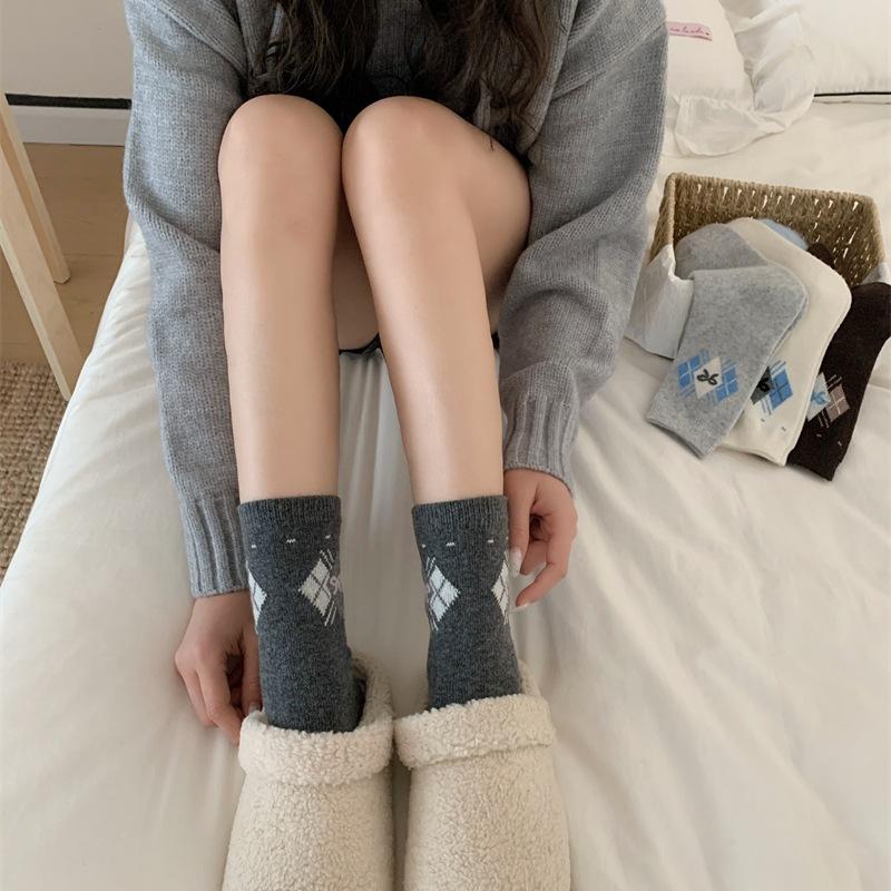 Rhombus Plaid Bow Wool Socks Children'S Wind Thickened Warm Retro Stacking Socks