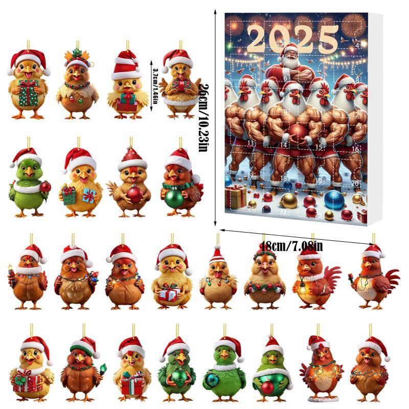 Advent Calendar 2025 Chicken With Santa Hats 2D Hanging Ornament Christmas Countdown Calendar Christmas Tree Decoration