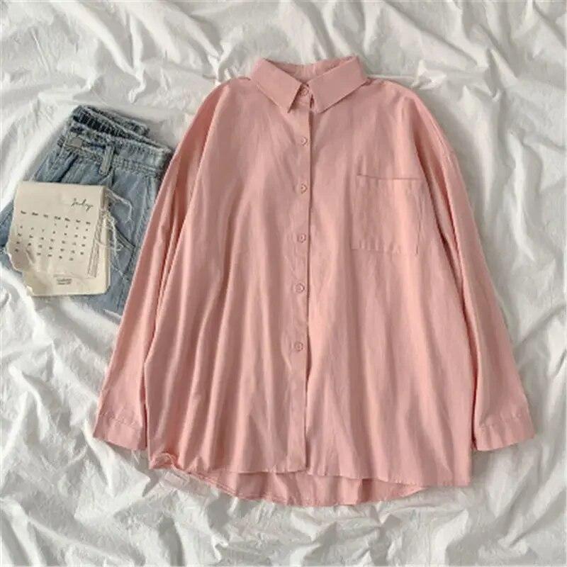 Preppy Style Solid Color Shirt  Autumn Women Korean Fashion Turn Down Collar Blouse Loose Long Sleeve Tops Clothes 30269