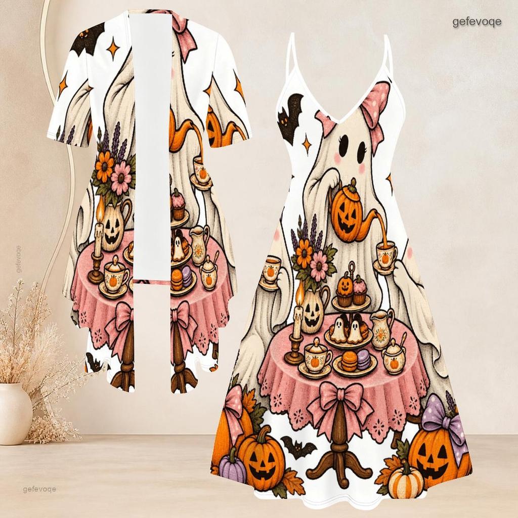 Women Plus Size 2 Piece Outfits Short Sleeve Open Cardigan V Neck Strappy Flared Dress Halloween Raccoon Printed White