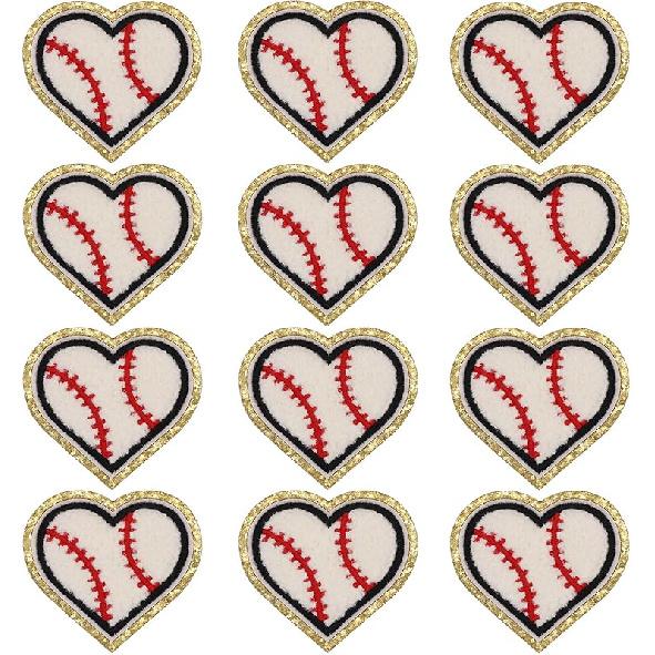 12pcs Heart Football Iron on Patches Embroidered Motif Applique Deco Sew on Patches Gold Edges Chenille Love Shape Rugby Embroidered Patches for