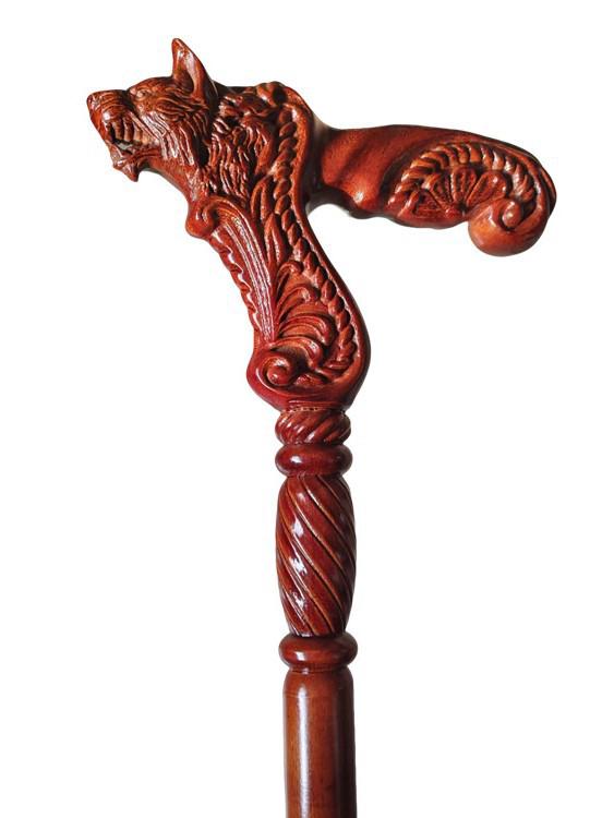 New Solid Beech Wood Walking Cane: 2-Piece Detachable Stick with Wolf Dog Head Design