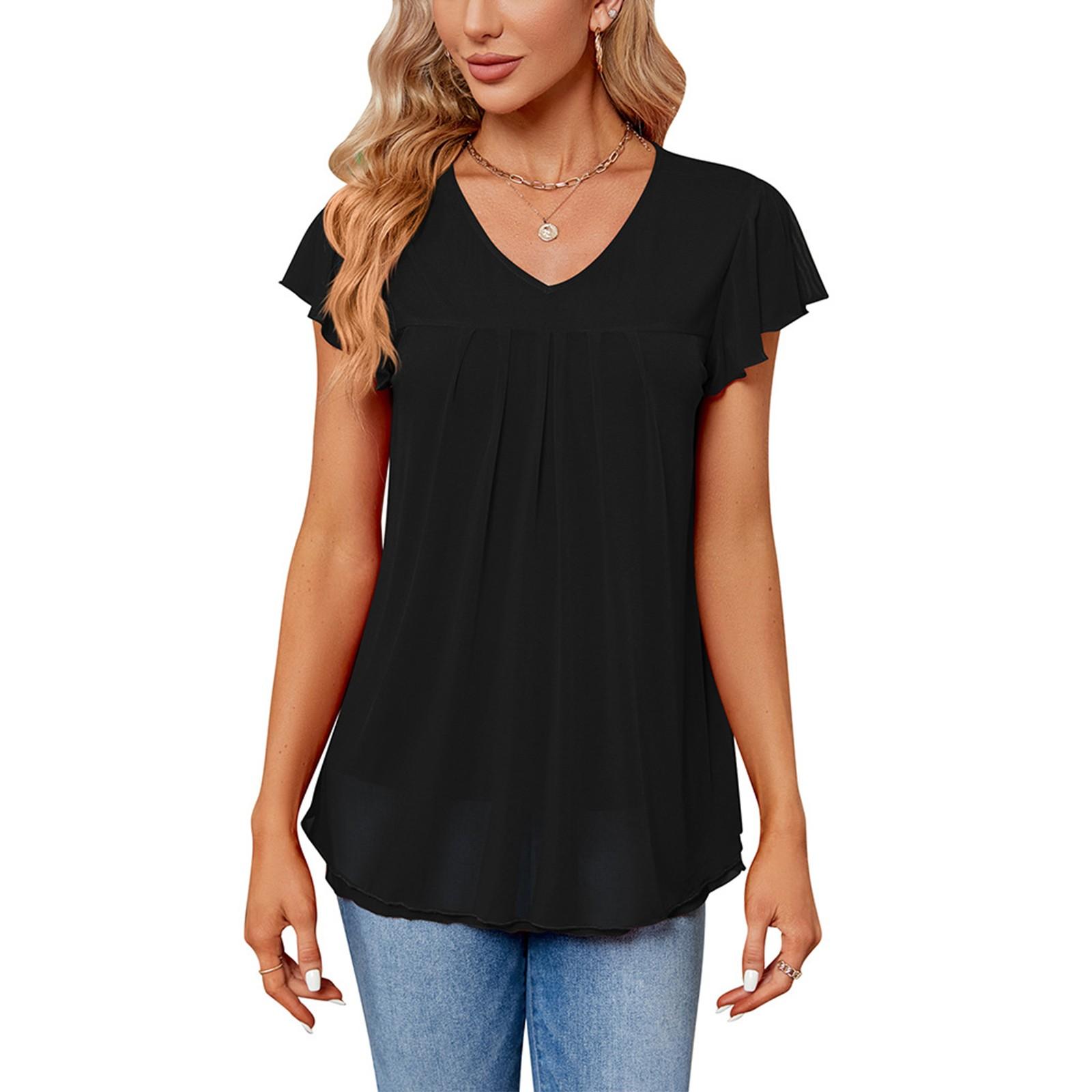 

Женская мода однотонная плиссированная повседневная футболка с v-образным вырезом и короткими рукавами L чёрный