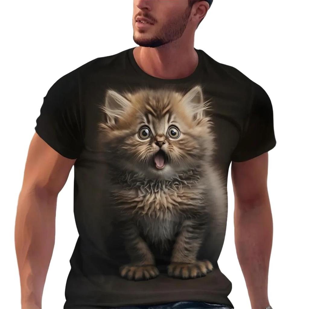 Męska Koszulka Casual z Drukiem 3D Kotek Kreskówkowy Krótki Rękaw Mikroelastyczna Tkanina Letnia Oddychająca Okrągły Dekolt Modny Top