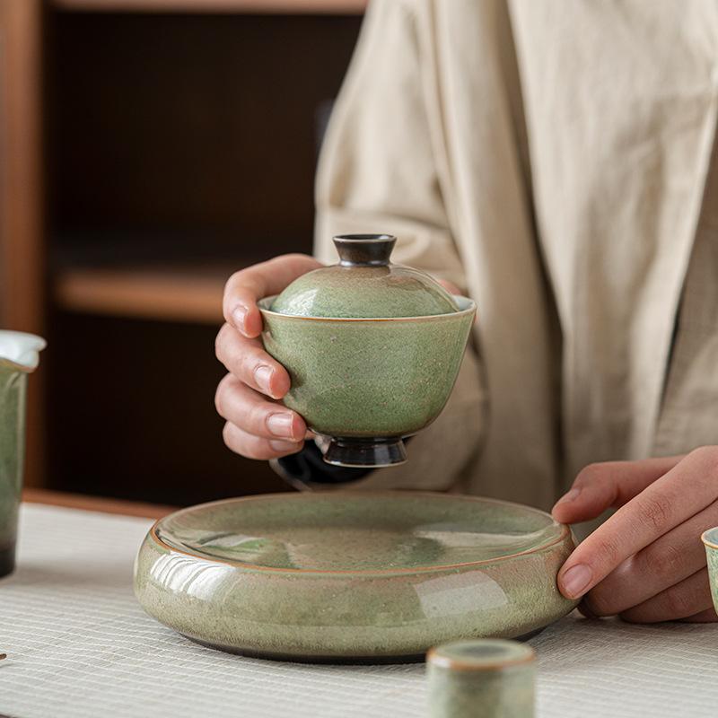 Ofen wird smaragdgrün, geschlossene Schale Chinesische Keramik Einzelstück mit Deckel Sancai großer Teekocher Teetasse Haushalt Kung Fu Teeschale