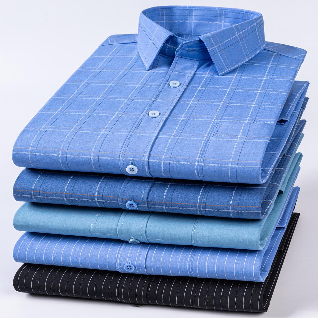 Men's Striped Plaid Shirt Long Sleeve Anti-Wrinkle Formal Soft Fashion Casual Business Pocket Office Shirts Men Clothing S-5XL