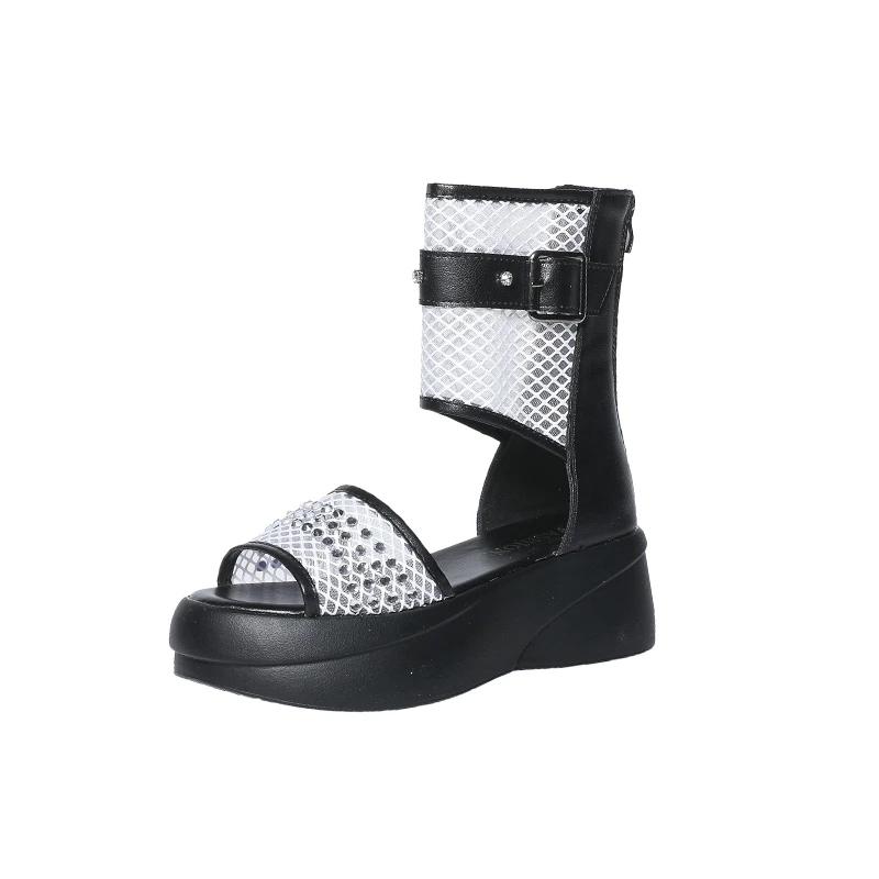 

Женские босоножки с сетчатым верхом на платформе с застежкой-молнией и стразами. Женская обувь. Платье. Обхват каблука. Индивидуальные римские сандалии. Женские босоножки. 39 покинуть белый