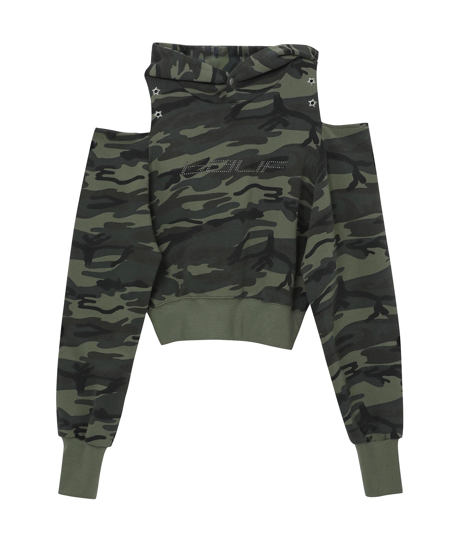 Baup Cutout Off-Shoulder Crop Hoodie [Camo] Free