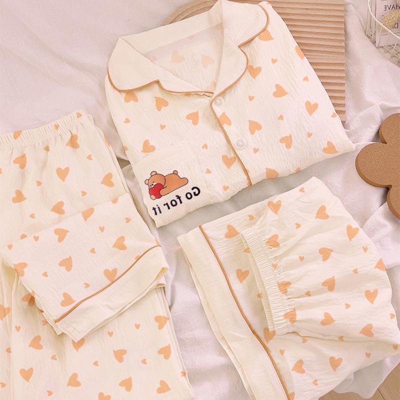Cloud Cotton Pajamas Women'S Summer Fashion Cartoon Love Full Print Short Sleeve Three-Piece Loungewear
