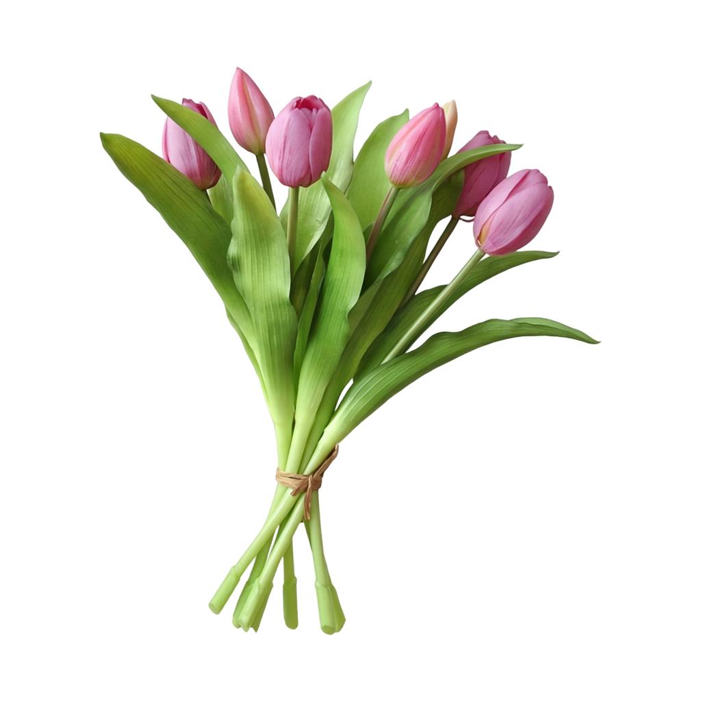 Artificial Soft Rubber Bouquet, 7-Head Short-Stem Fake Tulips, Home Living Room Decor Faux Flowers