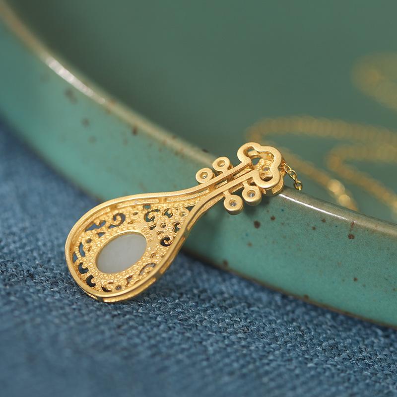S925Silver Southern Red Agate Classical Pipa Design Personalized Vintage Sweater Chain Women's Pendant Amulet Auspicious Hotan Jade