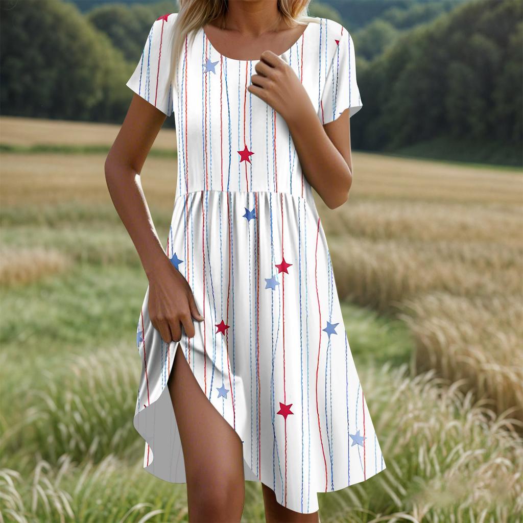 Women's Casual Fashion Round Neck Short Sleeve Independence Day Printed Midi Dress