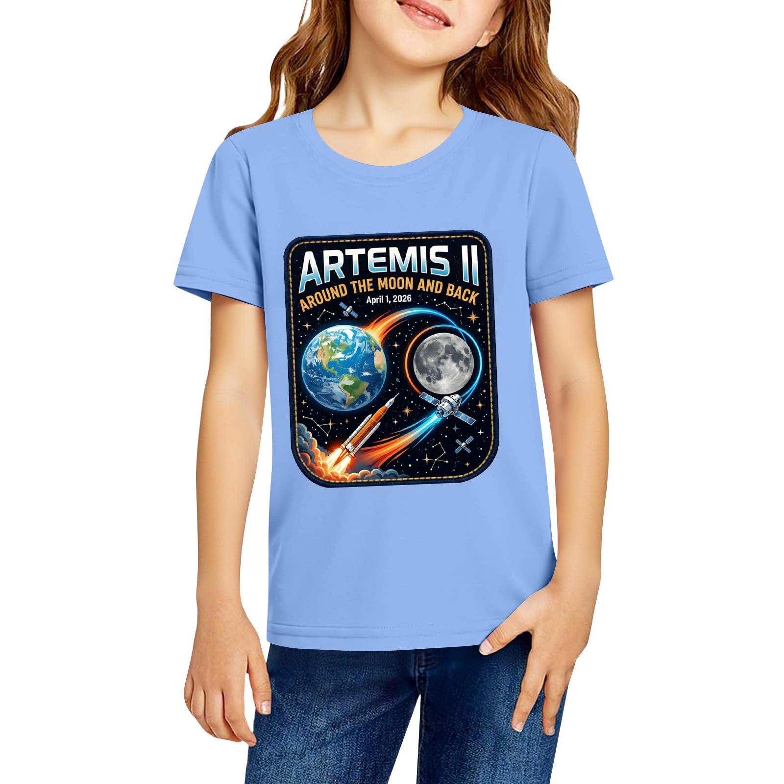 Kids Casual Short Sleeve T-Shirt Artemis II Around The Moon And Back Graphic Print Cotton Top for Boys and Girls 120