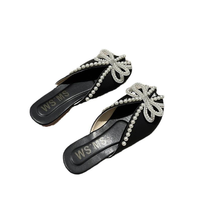 Baotou half slippers women's summer outer wear 2025 new versatile flat bottom pregnant women French pearl bow fish mouth sandals