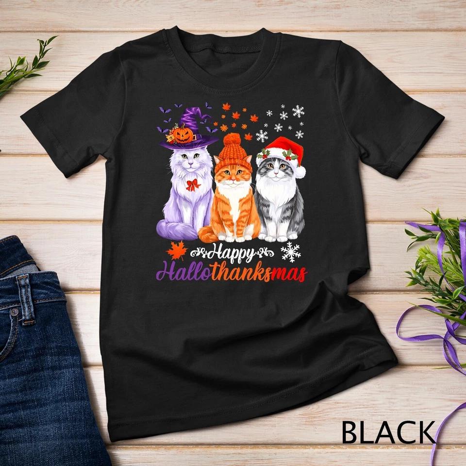 Happy HalloThanksMas Cats Halloween Thanksgiving Christmas Unisex T-shirt 1 2XL